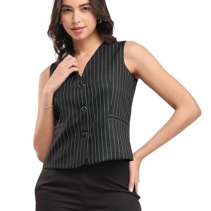 FableStreet Women Formal Top | Slim Fit Sleeveless V-Neck Pinstripe Design | Tailored Style With Button Closure For Office Wear & Professional Settings