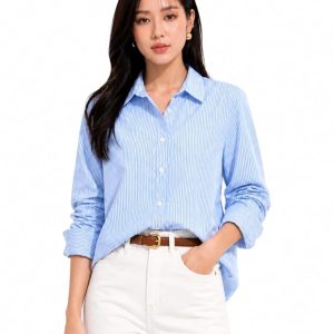 Women Formal Striped Shirt | Cotton Blend Office Wear Full Sleeve Button Down Casual Workwear Top | Stylish Regular Fit Ladies' Shirt